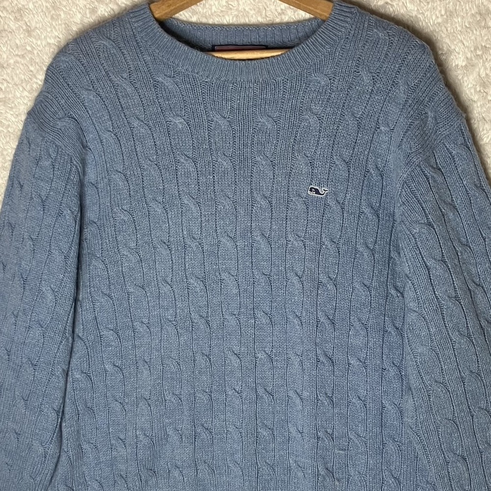 Vineyard Vines Mens Large Blue Wool Blend Cable Knit Crewneck Whale Logo Sweater